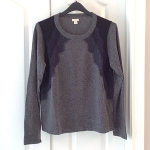J Crew Charcoal Gray Sweater with Navy Blue Lace Accent